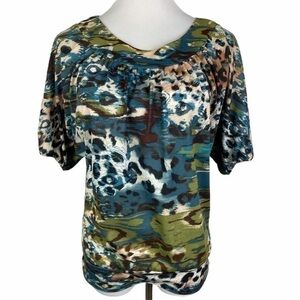 Weavers Animal Print Banded Hem Blouse Women's Medium Multi-Color Short Sleeve